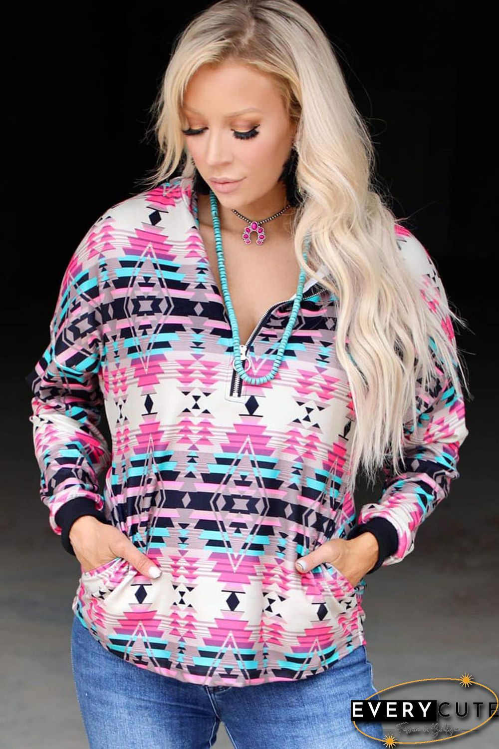 Multicolor Western Aztec Pattern Zipped Turn-down Collar Sweatshirt