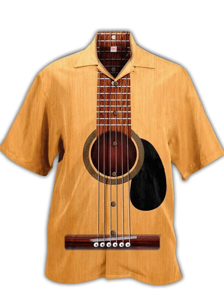 Khaki Amazing Music Basic Guitar Print Cuban Collar Hawaiian Short Sleeve Shirt