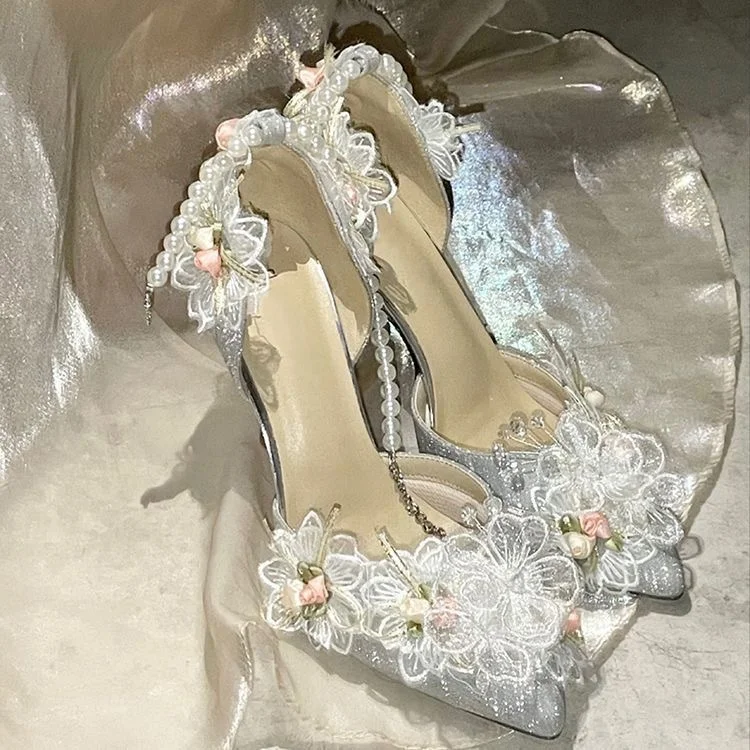 Breakj Breakj Small Fragrant Wind Tip High Heels Women 2025 Spring And Summer Lace Flowers Fine Heel Wedding Shoes Pearl Chain Single Shoes