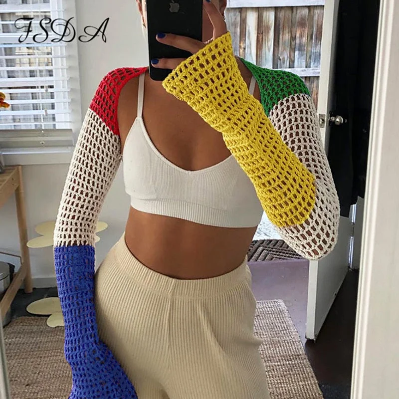 FSDA Patchwork Sexy Crop Top Long Sleeve Backless Summer 2021 Vintage Beach Knitted T Shirt Casual Party Fashion