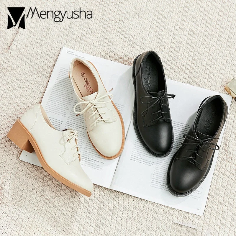 black/beige oxford shoes woman laca up flats British style small leather shoes woman derby shoes plush winter brogues women