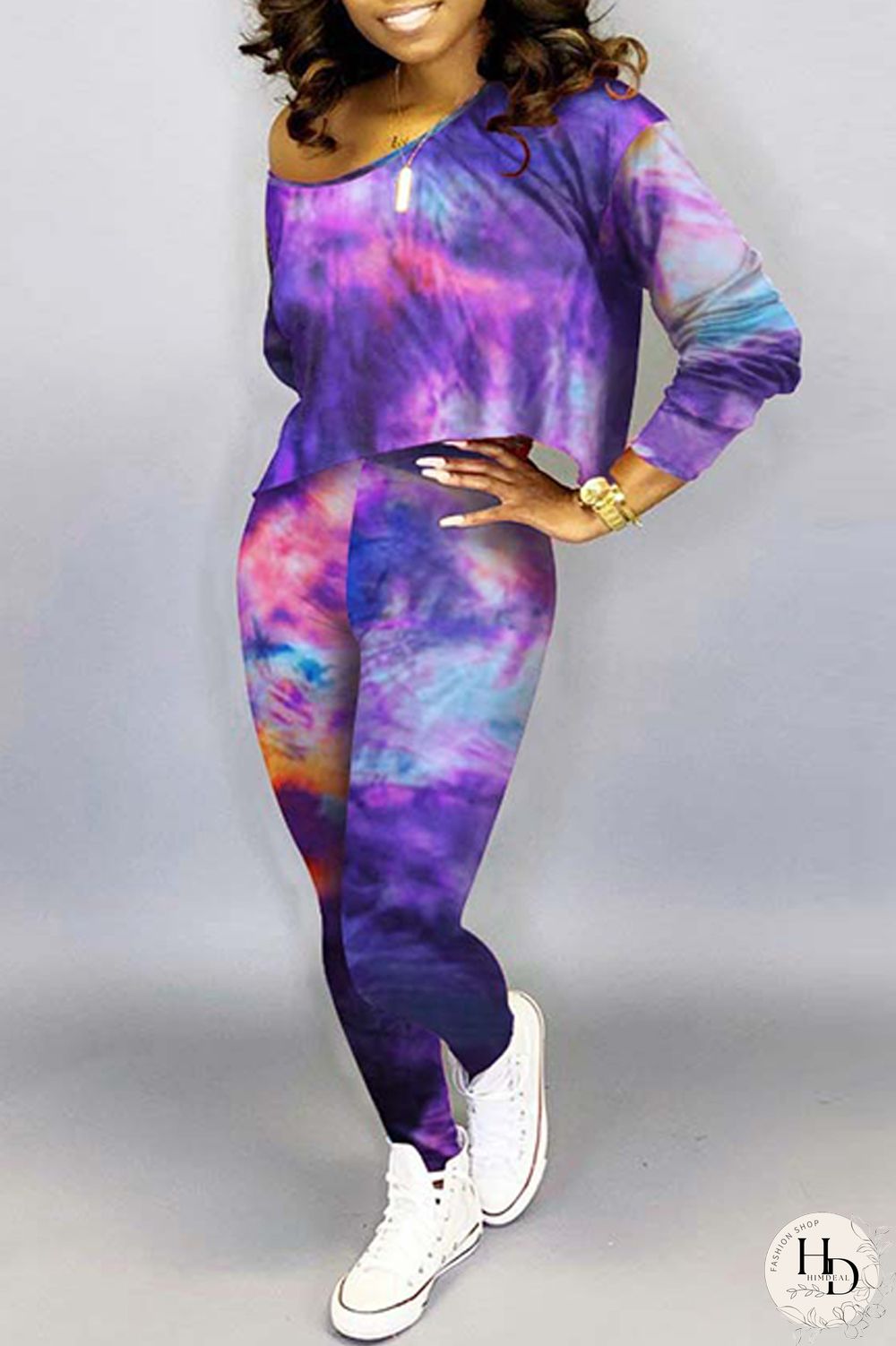 Green Fashion Casual Print Tie-dye Oblique Collar Long Sleeve Two Pieces