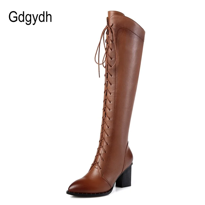 Gdgydh Spring Women Winter Knee High Boots Lacing Black Female Genuine Leather Boots Ladies Square High Heels Rubber Sole Shoes