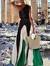 Contrast Color One-Shoulder Maxi Dress