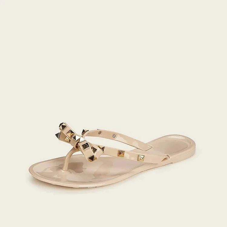 Stud-Emblished Nude Flat Thong Sandals  . Vdcoo