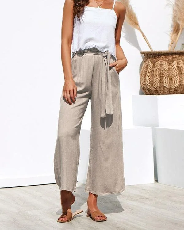 fashion high waist plain belted wide leg pants p120008