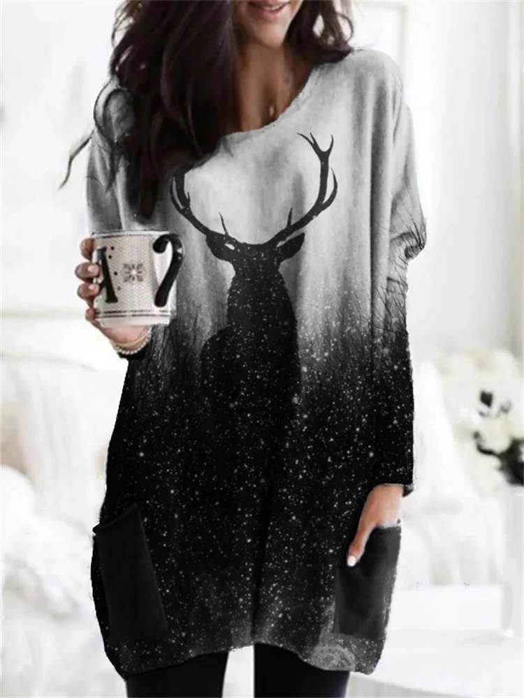 Deer Contrast Color Art Patch Pocket Tunic