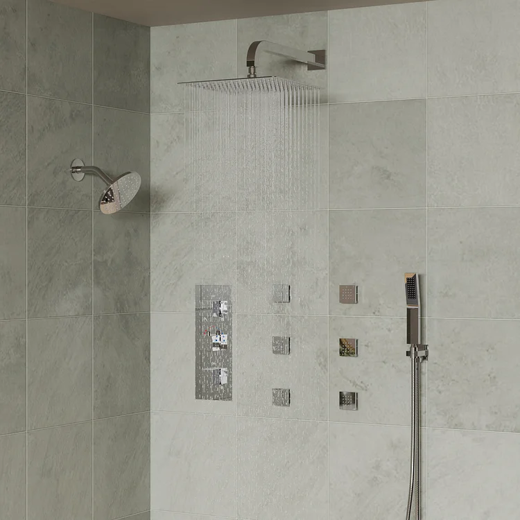 SFS-1017-CH12 Thermostatic Double Shower Head with Hand Shower & 6 Body Jets, Chrome
