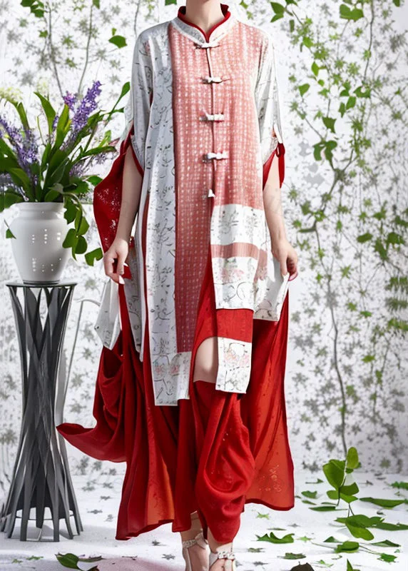 Plus Size Red Stand Collar Oriental Button Silk Dresses Summer