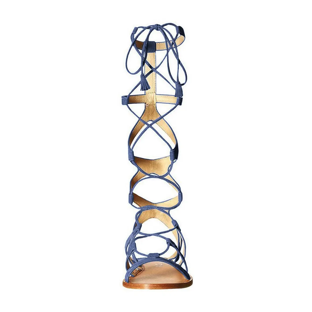Lace Up Gladiator Knee High Flat Blue Cute Sandals with Tassel