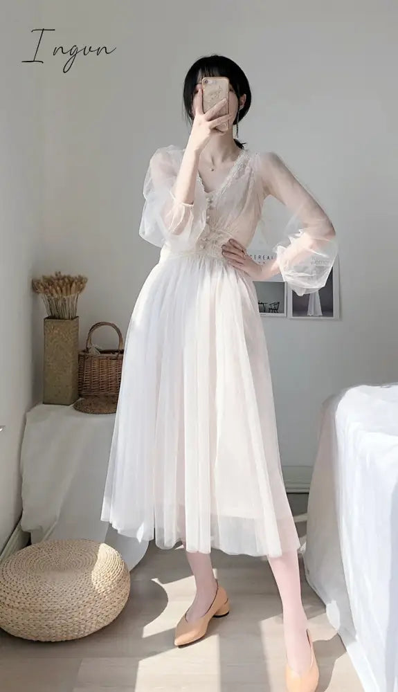 Ingvn - White Dress Elegant Fairy Chiffon Off Shoulder Maxi Long Sleeve Sexy Beach Dresses Women