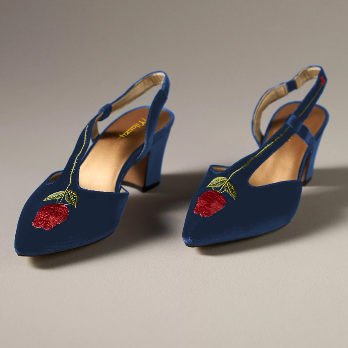 Navy Velvet Pointed Toe Slingback Heels with Rose Embroidery Design Nicepairs
