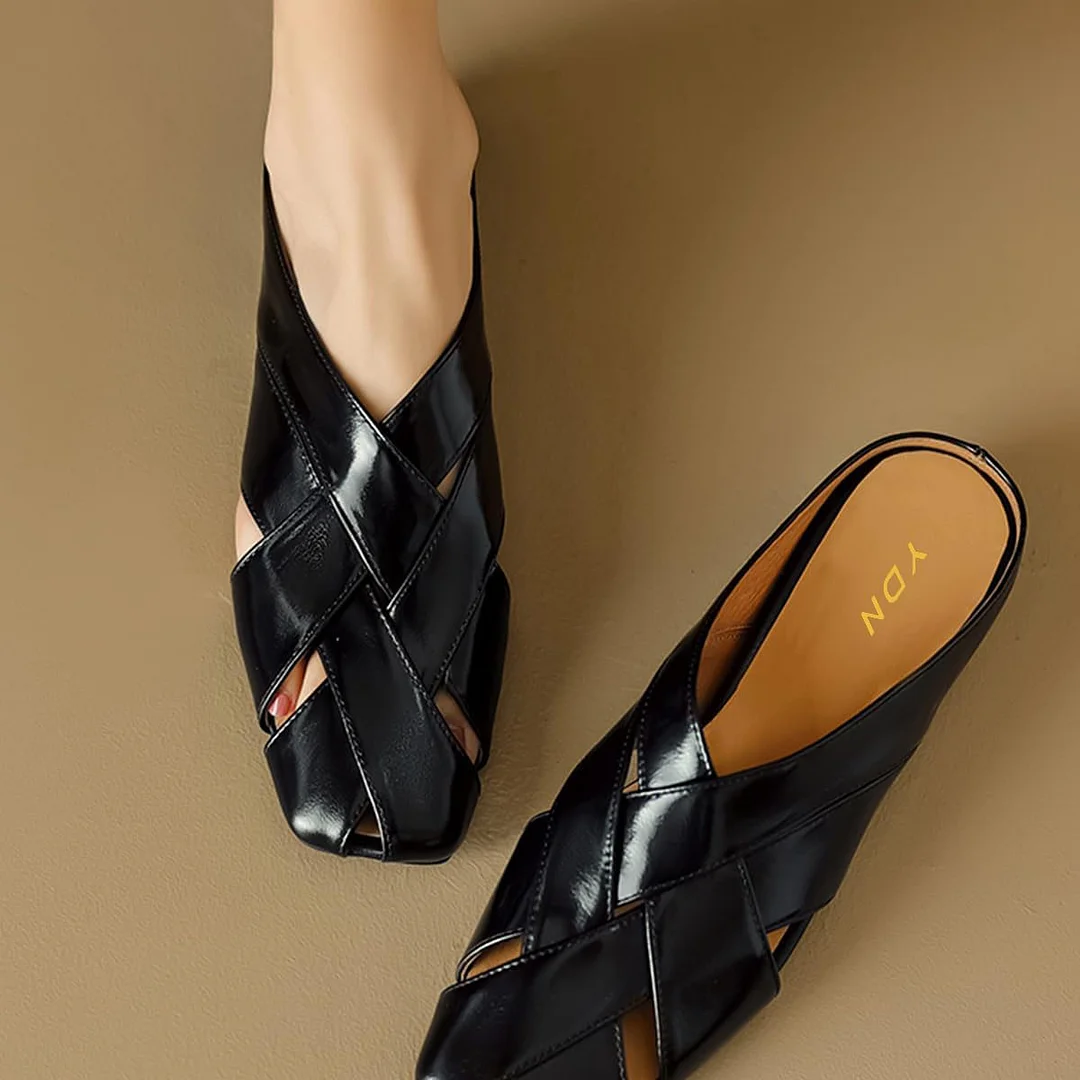 Black Vegan Leather Square Toe Woven Women's Flat Backless Mules