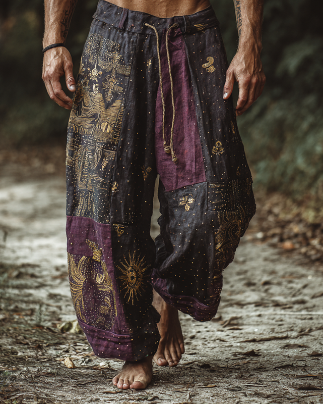 Men's Casual Star and Moon 3D Embroidered Linen Pants d658