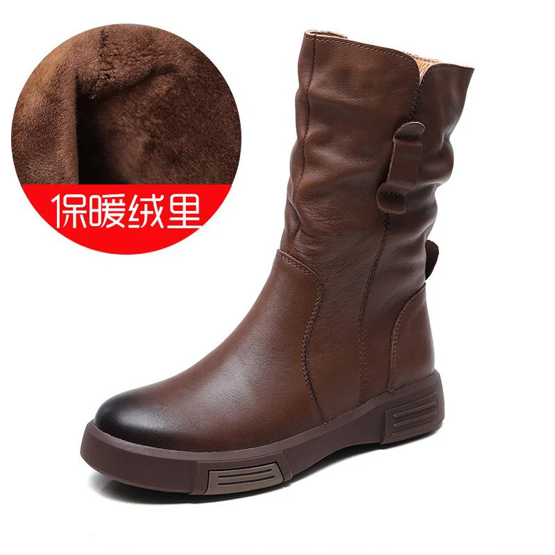 Yyvonne Martin Boots New Autumn And Winter Flat Bottom Mid-Sleet Boots Head Cowhedal Cowhed Vintage Round Head Knight Single Boots