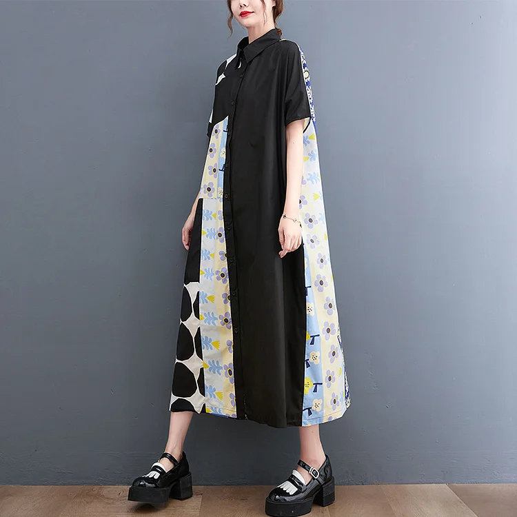 Literary Print Splicing Lapel Midi Dress