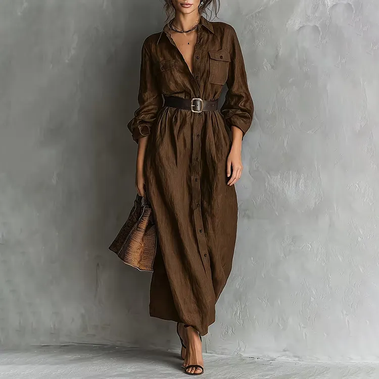 Vintage Workwear Style Loose Long Waisted Shirt Dress (with Belt)