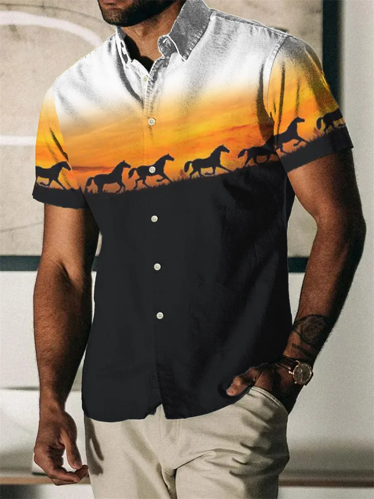 Western Horse Print Short Sleeve Shirt