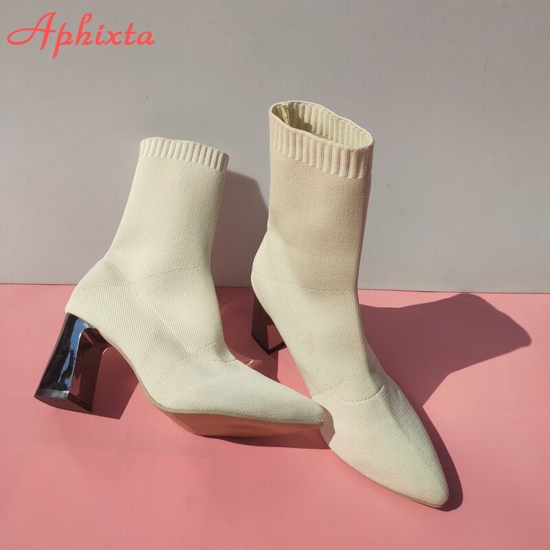Aphixta 7cm Metal Square Heels Socks Boots Women Beige Casual Stretch Fabric Elastic Pointed Toe Breathable Shoes