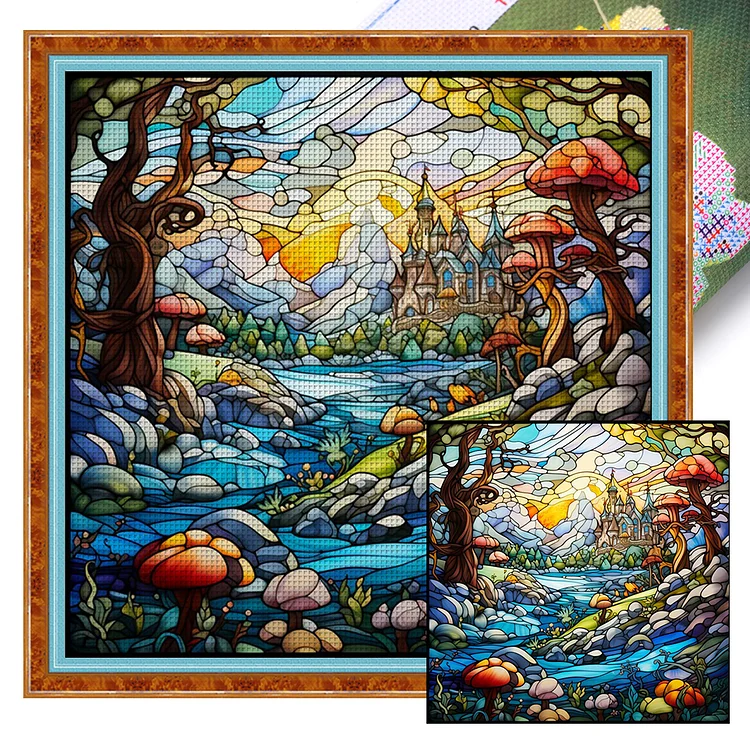【Huacan Brand】Glass Art-Castle In The Mountain 14CT Stamped Cross Stitch 50*50CM