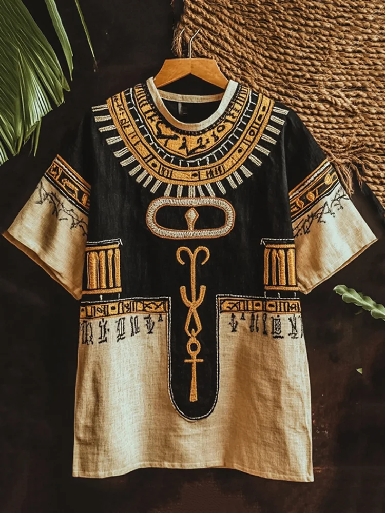 Men's Vintage Egyptian Rune Totem Horus Wings Linen Shirt