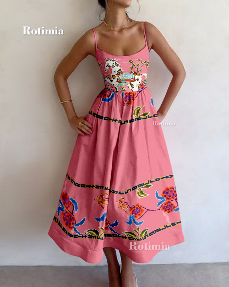 Vintage Pink Print Suspender Dress