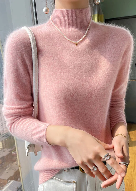 Boutique Pink Half Hign Neck Versatile Woolen Knitted Sweaters Fall