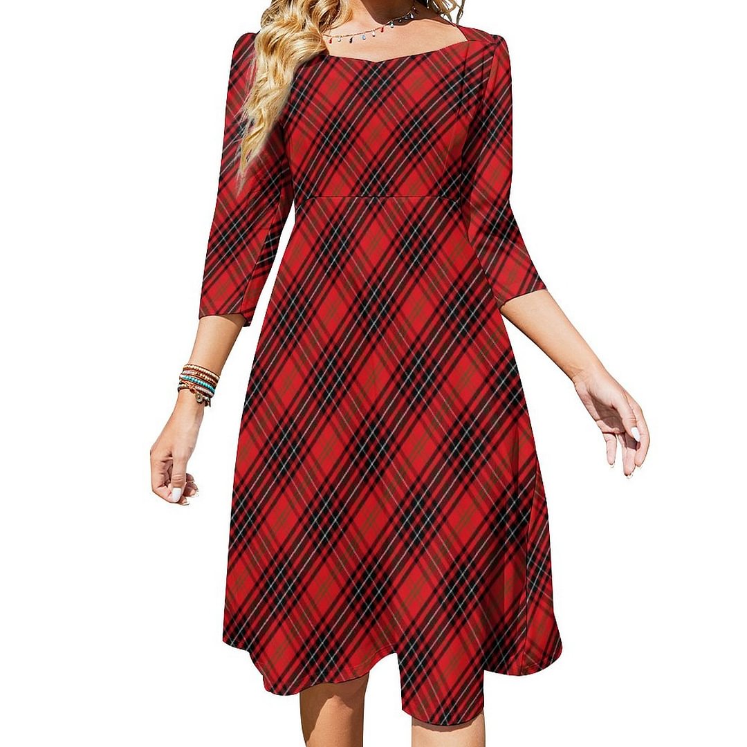 Red Black Scottish Tartan Chic Stylish Pattern Dress Sweetheart Tie Back Flared 3/4 Sleeve Midi Dresses