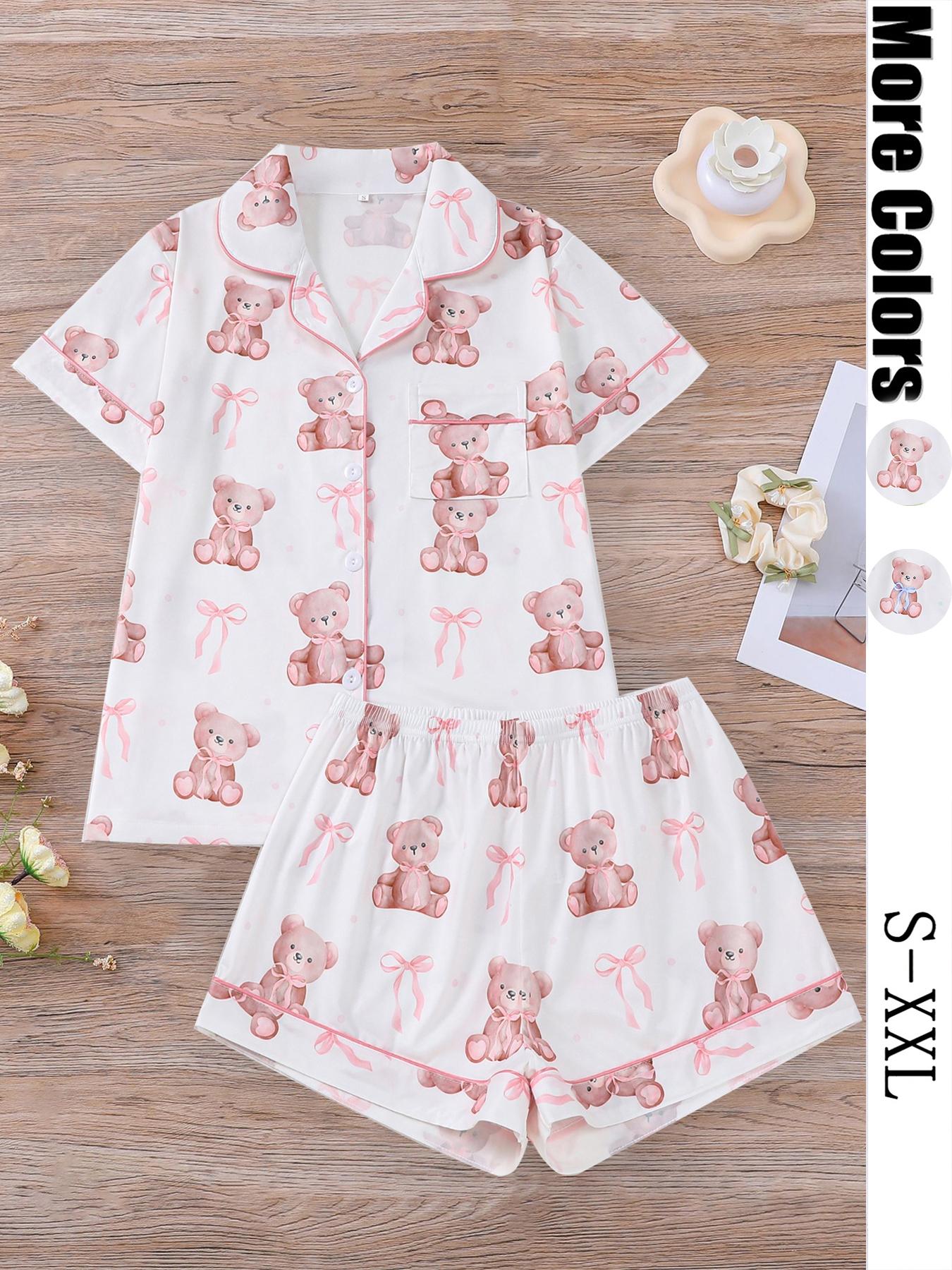 Women's Bear Print Knit Short Sleeve Top & Elastic Waist Shorts Pajama Set, Casual Fit Comfy Soft Cute Shirt & Shorts Loungewear Set, Ladies Sleepwear for Summer Pjs