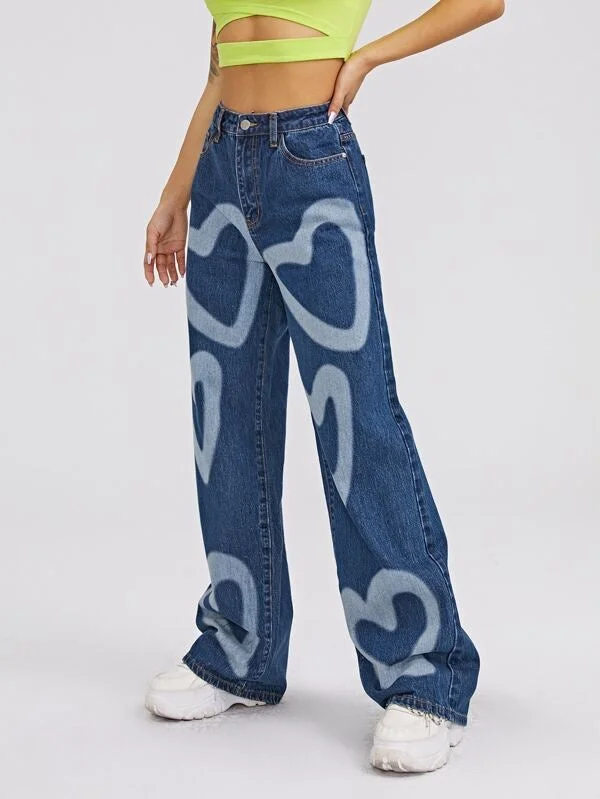 High Waist Heart Print Wide Leg Jeans