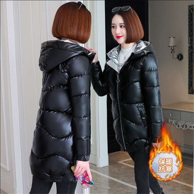 2021 Women Shiny Down Cotton Jacket Winter Jackets Warm Mid Long Cotton Padded Casual Hooded Parkas Overcoat Female Basic Coat