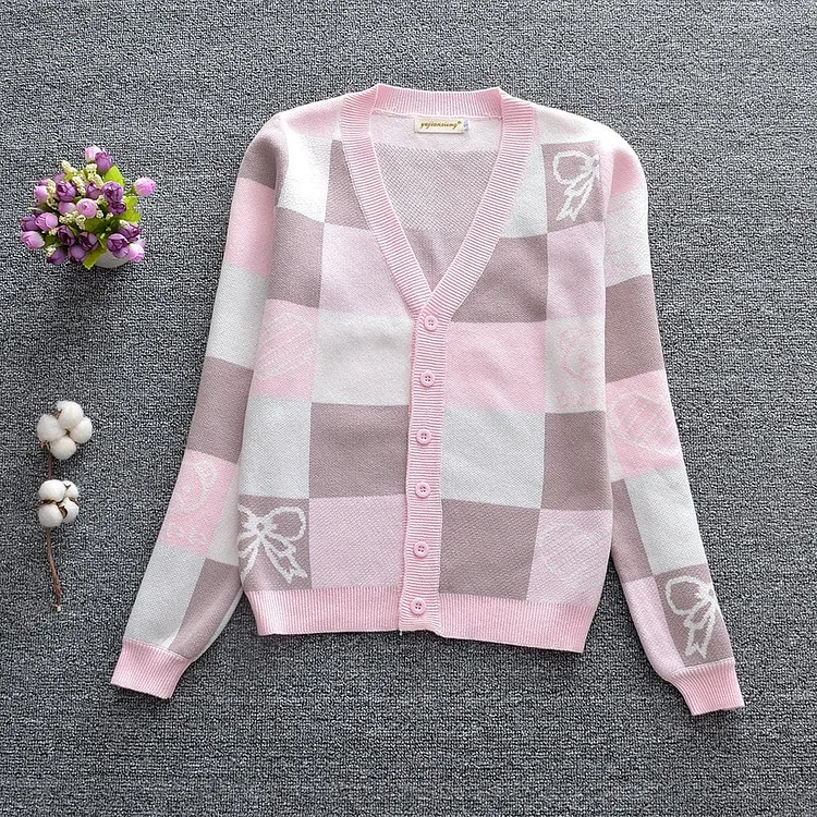 Yellow/Pink Long Sleeved Plaid Knitted Jacket Cardigan Sweater SP17248