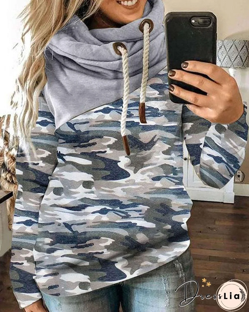 Women Camouflage Floral-print Long Sleeve Cotton-blend Hoodie Sweatshirt