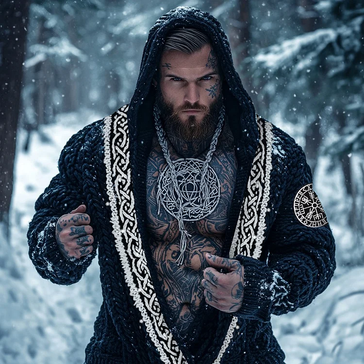 Men's Vintage Viking Runes Inspired Celtic Jacquard Hooded Cardigan