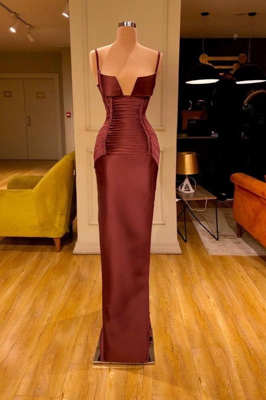 Burgund Spaghetti-Träger V-Ausschnitt Mermaid Abendkleid PD0632 Lunass