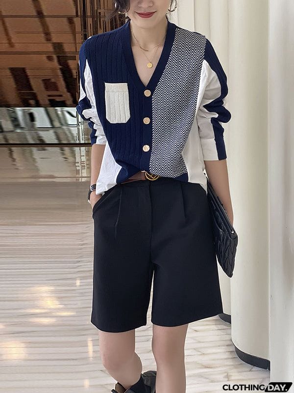 Urban Long Sleeves Contrast Color Split-Joint V-Neck Cardigan Tops