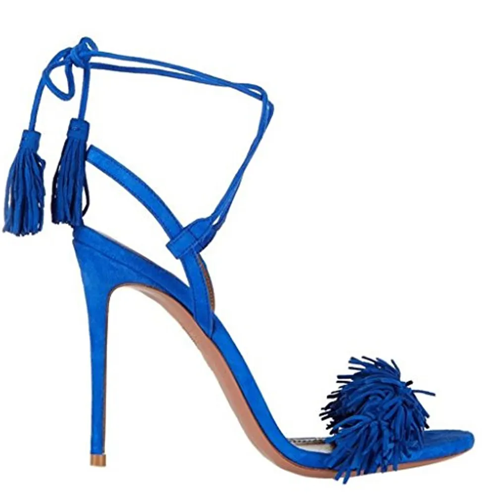 3.94" Ladies Open Toe Suede Leather Sandals Fringed Strappy Stiletto Heel Shoes-vocosishoes