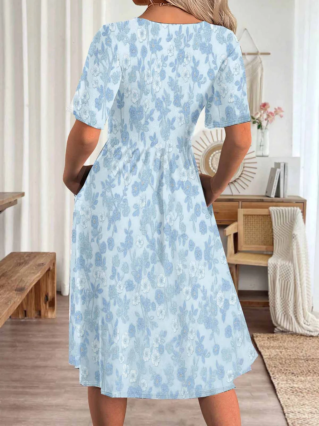 Women Floral,Blue DZHA8214 Short Sleeve Scoop Neck Graphic Printed Hollow Midi Dress