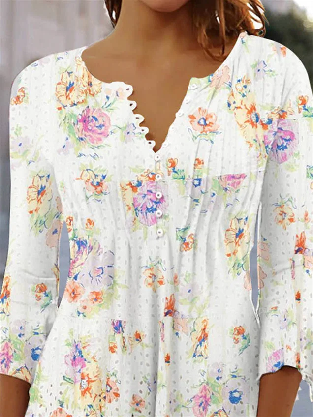Women 3/4 Sleeve V-neck Floral Printed Tops