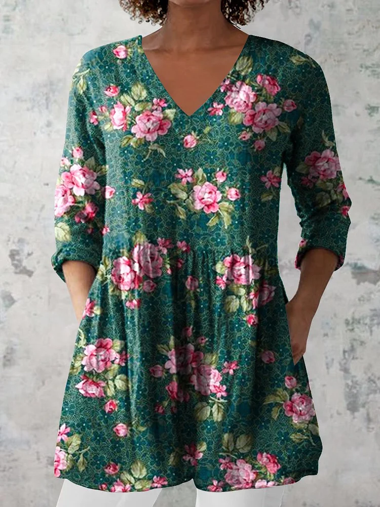 Women's Retro Floral Art Print Casual Cotton And Linen V-neck Top