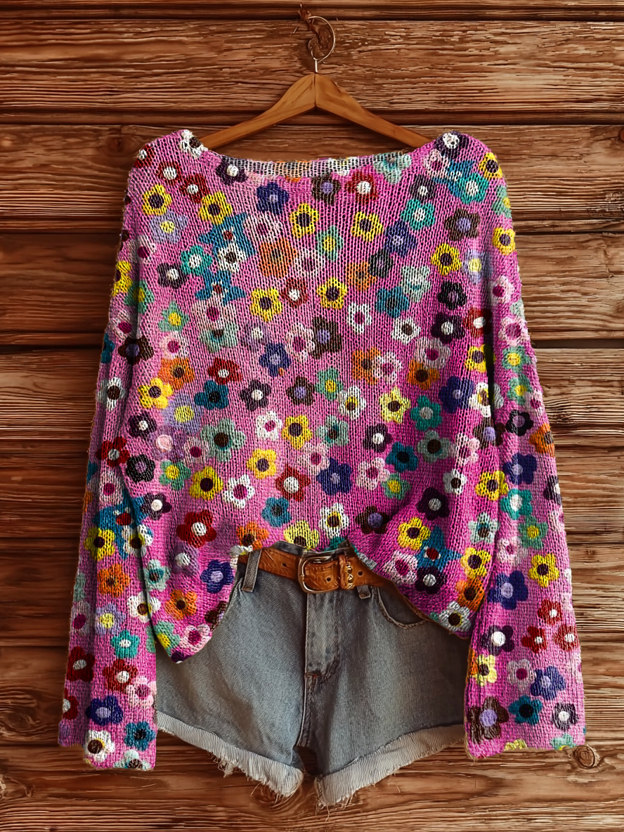 Women's Vintage Floral Art Print Casual Pullover Sweater