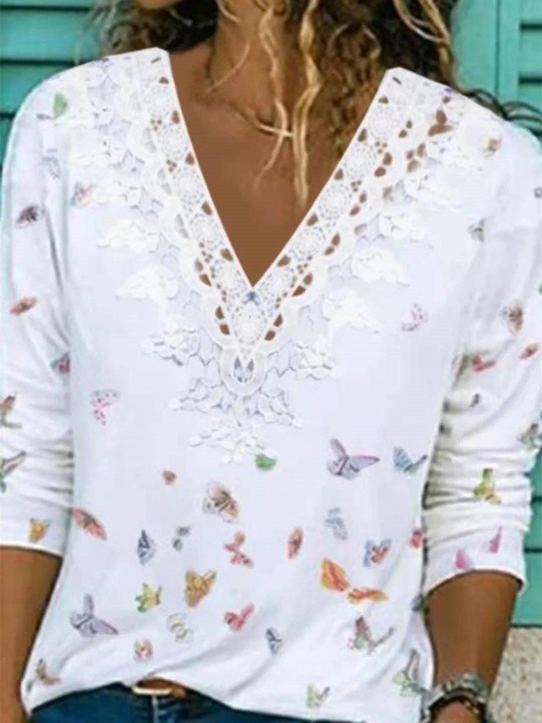 Women Long Sleeve V-neck Printed Graphic Top