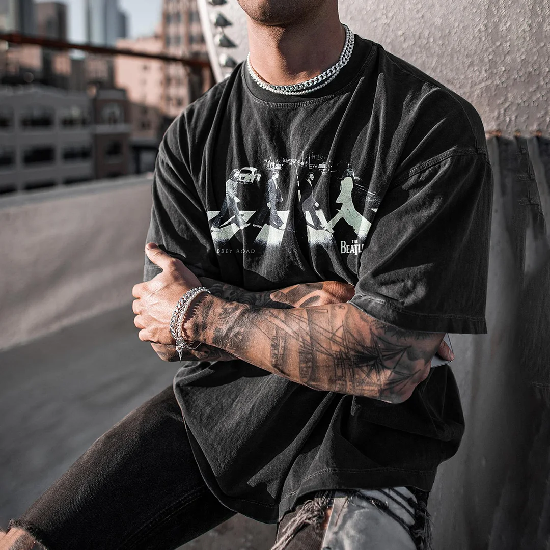 Vintage Casual Beatles Print Washed Loose Cotton Unisex T-shirt