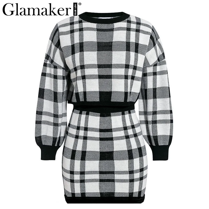 Glamaker Knitted plaid 2 piece set sexy dress Women autumn elegant long sleeve mini dress Winter female crop sweater dress warm