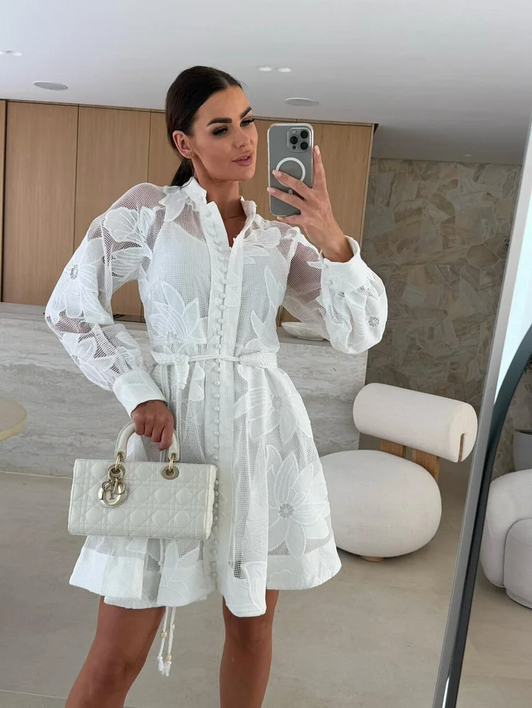 Sleeve Mesh Flower Detail Belted Button Up Dress