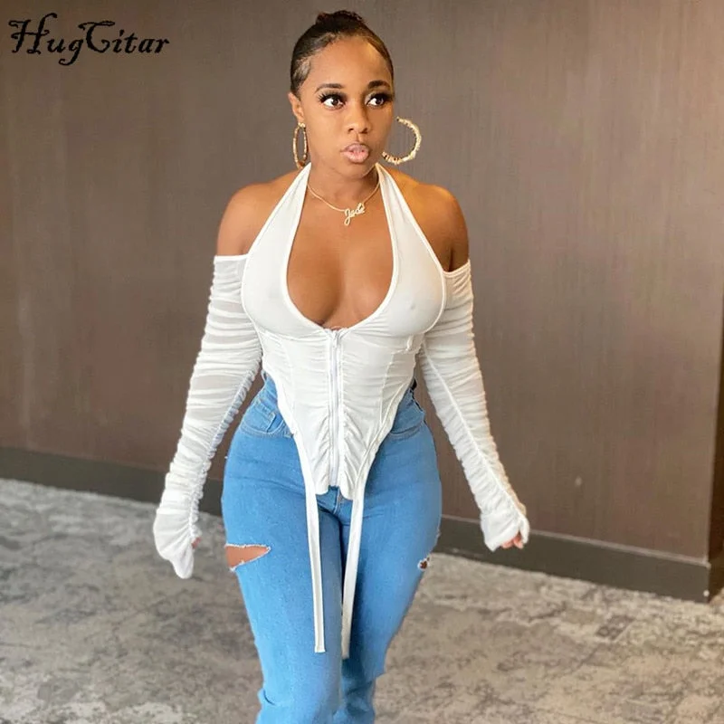 Hugcitar 2021 Long Stacked Sleeve Halter Zipper Patchwork Sexy Crop Top Autumn Winter Women Fashion Streetwear Tshitrs Club Tees