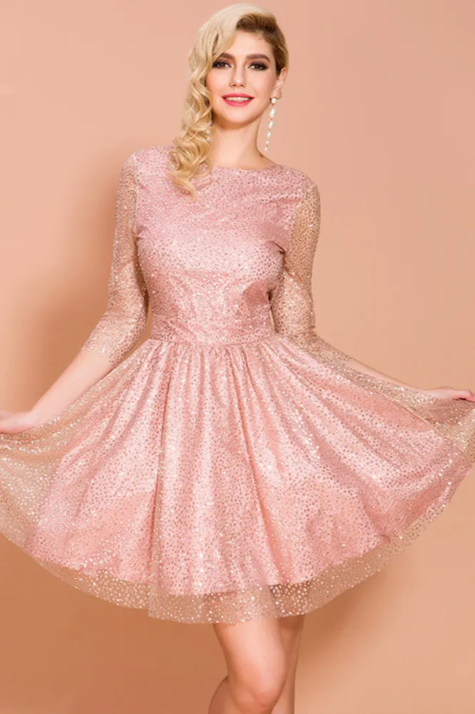 pink homecoming dresses long sleeve Long Sleeves Short Pink Lace Prom Dresses, Short Pink Lace Formal Home –  jbydress main image 1