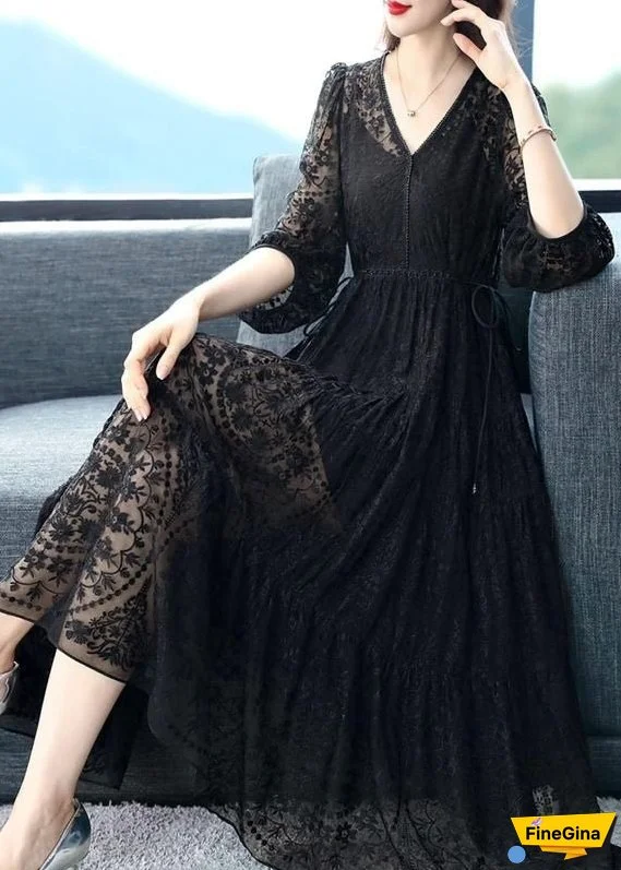 New Black Embroideried Nail Bead Lace Long Dress Half Sleeve