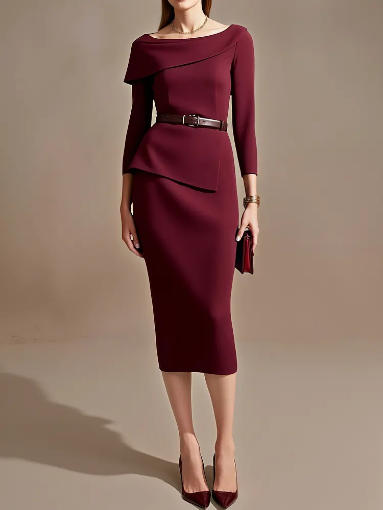 Burgundy Shawl Collar X-Shaped Midi Dress (With Belt)