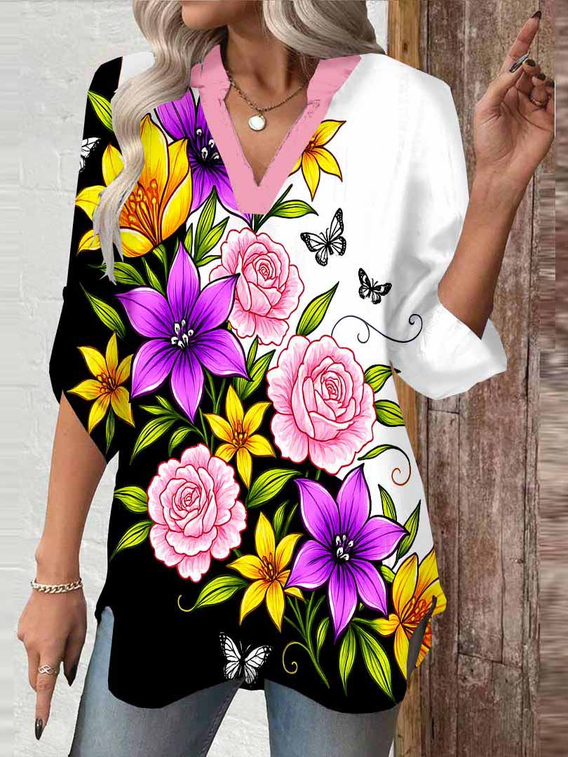 Women Floral,Black,Purple DZGA0774 3/4 Sleeve V-neck Printed Graphic Button Tops